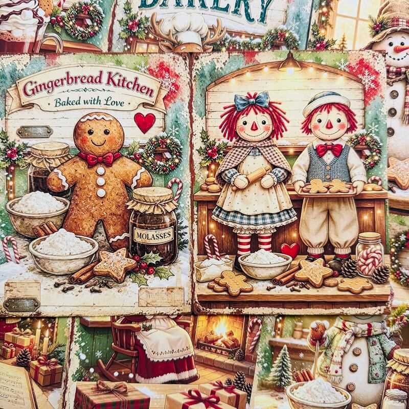 VintagegingerbreadChristmasscrapbookpaperfeaturingagingerbreadmanandholidayragdollsbakingcookies