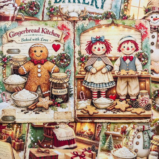 VintagegingerbreadChristmasscrapbookpaperfeaturingagingerbreadmanandholidayragdollsbakingcookies