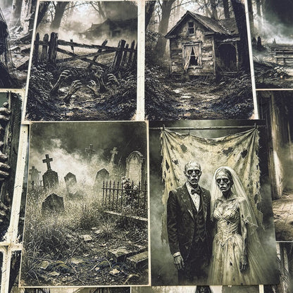 Vintagegothicscrapbookpaperfeaturingghostlyfiguresandcemeteryscenes
