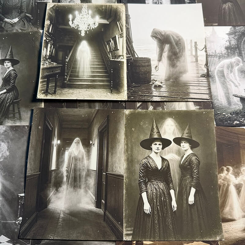 Vintagegothicscrapbookpapersdepictingghostsonastaircase_amistydockandadarkhallway_plustwoVictorianwitches