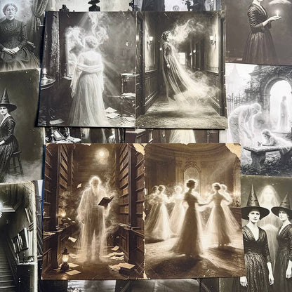 Vintagegothicscrapbookpapersfeaturingghostlywomen_ahauntedlibraryanddancingspiritsinsepiaandblackandwhite