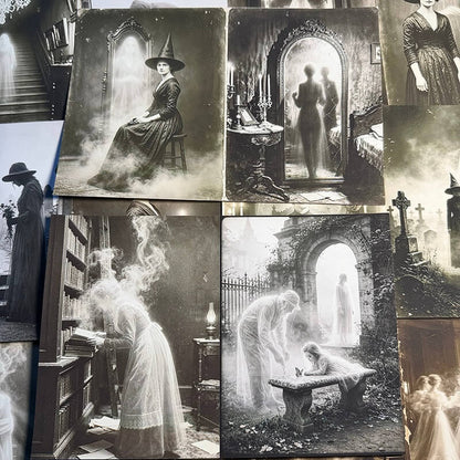 Vintagegothicscrapbookpaperswithawitchbesideamirror_ghostlyreflections_aspiritreadingandghostsinacemetery
