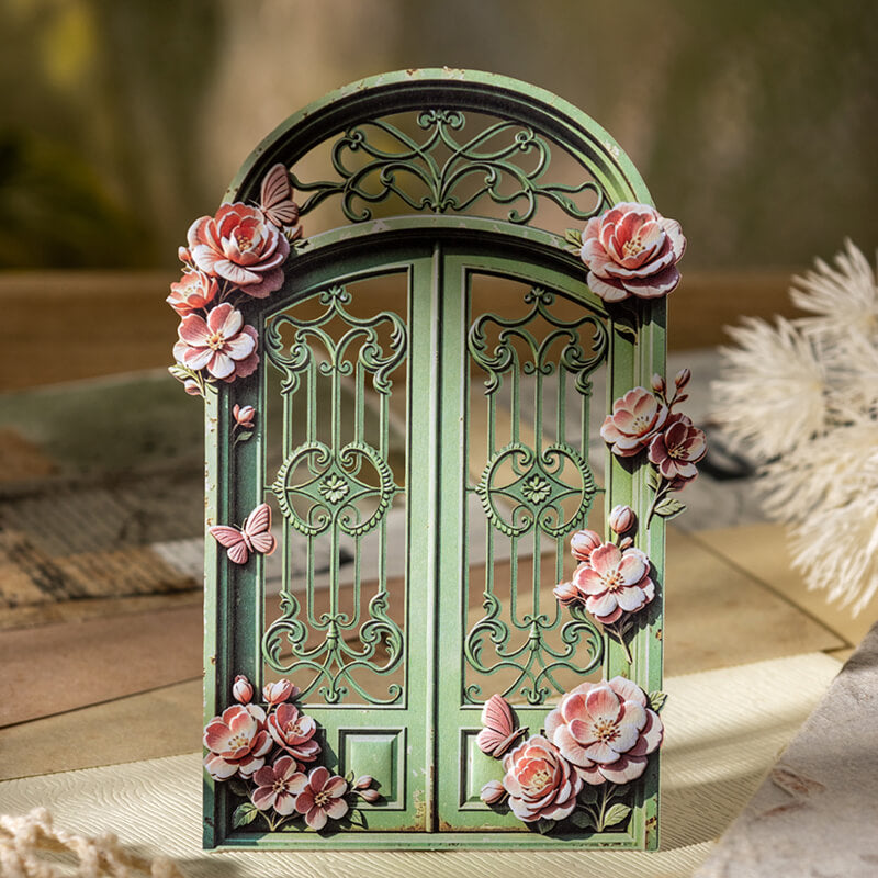Vintagegreenfloralirondouble-doorcardstockembellishmentwithpinkflowersandbutterflies
