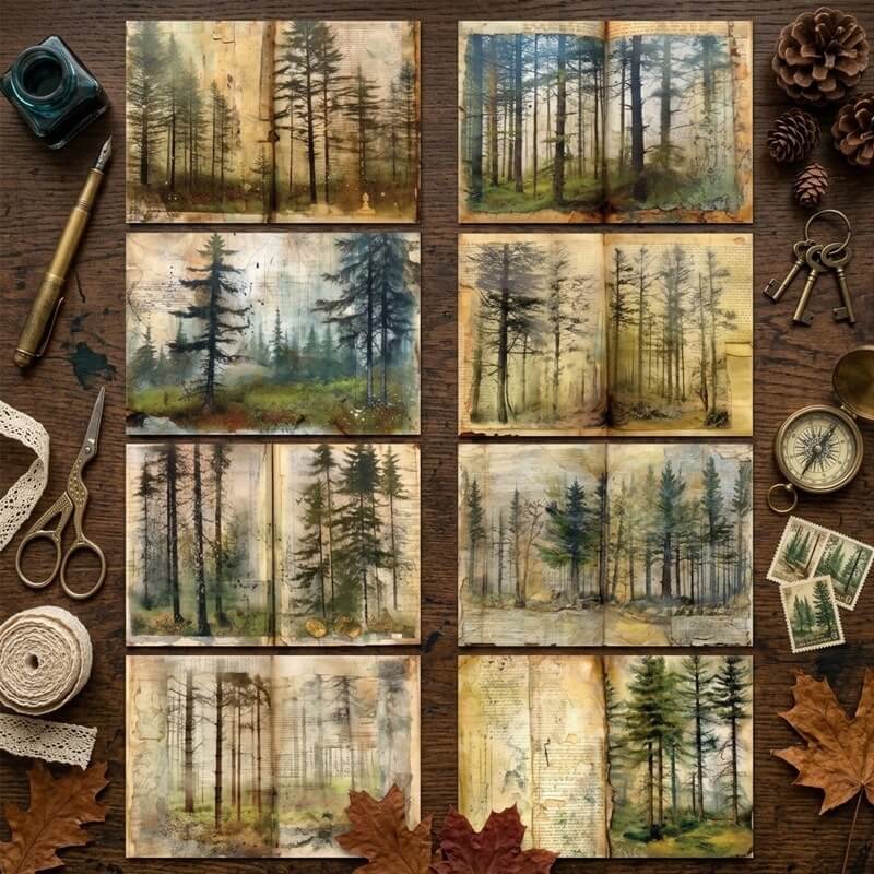 VintagemistyforestA5scrapbookpaperfeaturingtallpinetrees_foggywoodlandlandscapes_mutedgreensceneryanddistressedantiquepaperbackgrounds