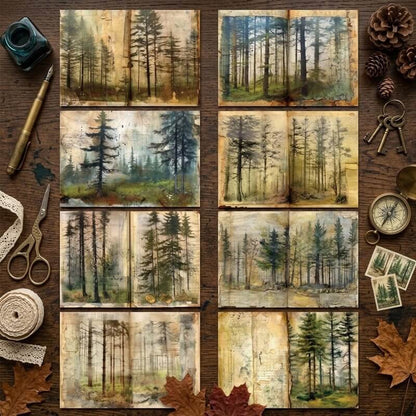 VintagemistyforestA5scrapbookpaperfeaturingtallpinetrees_foggywoodlandlandscapes_mutedgreensceneryanddistressedantiquepaperbackgrounds