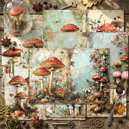 Vintagemushroomscrapbookpapersfeaturingredtoadstools_wildflowers_dragonflies_andagedcreamandpalebluebackgrounds