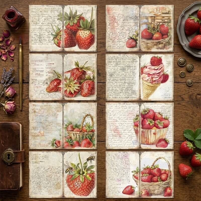 VintagestrawberryA5scrapbookpaperfeaturingredstrawberries_fruitbaskets_strawberryicecream_cupcakesandantiquehandwrittenbackgrounds