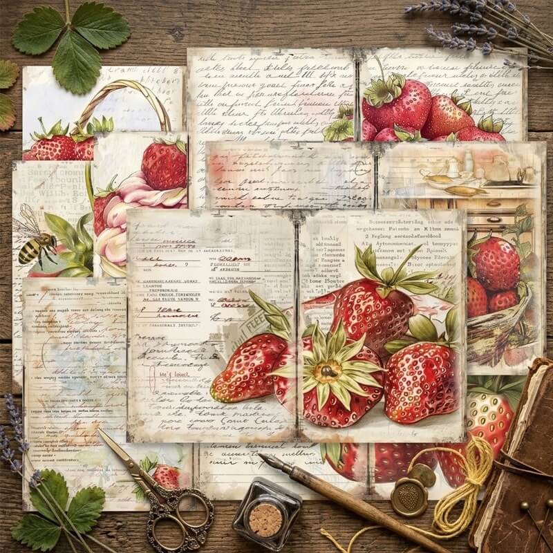 Vintagestrawberryscrapbookpapersheetsfeaturingripestrawberries_floraldesserts_botanicalartworkanddistressedantiquetexturesforscrapbooking_junkjournalsandcardmaking