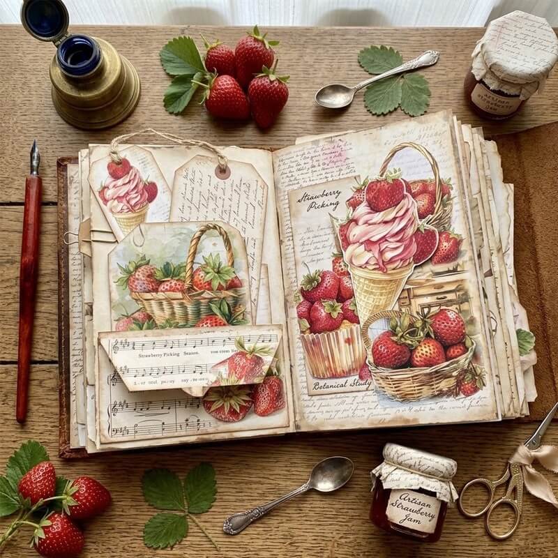 Vintagestrawberryscrapbookpaperusedinahandmadejunkjournalfeaturingstrawberryicecream_fruitbaskets_botanicalillustrationsandlayeredvintagecollagedesigns