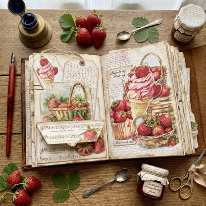 Vintagestrawberryscrapbookpaperusedinahandmadejunkjournalfeaturingstrawberryicecream_fruitbaskets_botanicalillustrationsandlayeredvintagecollagedesigns