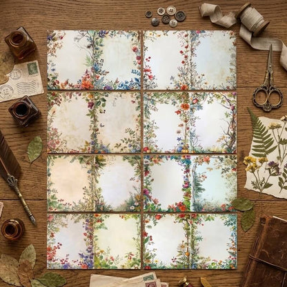 VintagewildflowerbotanicalA5scrapbookpaperfeaturingcolorfulfloralborders_delicatevines_greenleavesandagedpaperbackgroundsforjunkjournals