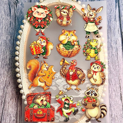 VintagewoodlandChristmasanimalstickersfeaturingapig_sloth_donkey_squirrels_frog_andraccoonwithholidayaccessories