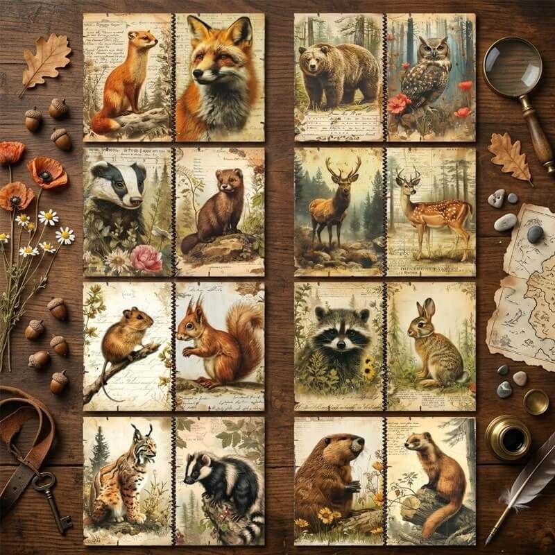 VintagewoodlandanimalsA5scrapbookpaperfeaturingfoxes_bears_deer_owls_squirrels_rabbitsandraccoonswithantiquebotanicalbackgrounds