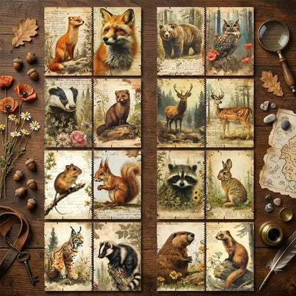 VintagewoodlandanimalsA5scrapbookpaperfeaturingfoxes_bears_deer_owls_squirrels_rabbitsandraccoonswithantiquebotanicalbackgrounds