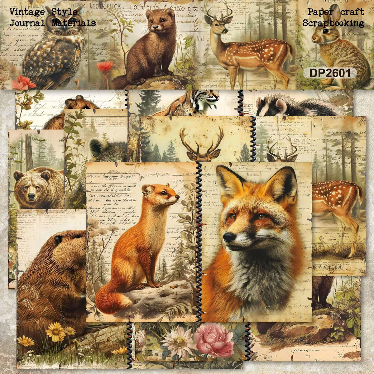 Vintagewoodlandanimalscrapbookpaperfeaturingfoxes_deer_bears_owls_rabbitsandforestwildlifeillustrationswithantiquebotanicalbackgroundsforjunkjournalsandDIYcrafts