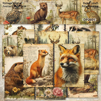 Vintagewoodlandanimalscrapbookpaperfeaturingfoxes_deer_bears_owls_rabbitsandforestwildlifeillustrationswithantiquebotanicalbackgroundsforjunkjournalsandDIYcrafts