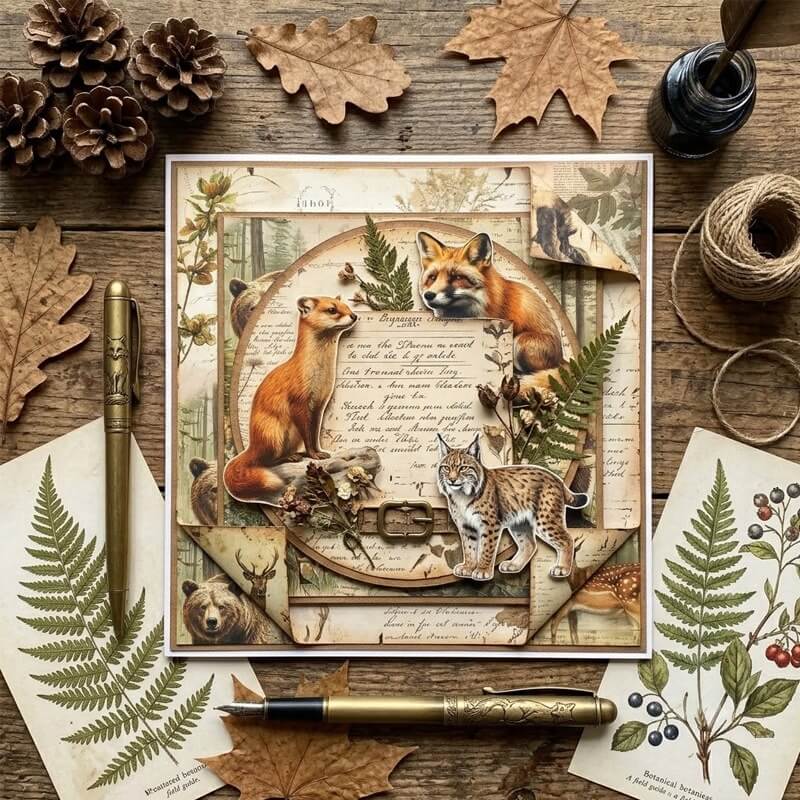 Vintagewoodlandanimalscrapbookpaperusedinahandmadecollagecardfeaturingfoxes_lynx_deer_forestfoliageandantiquemanuscripttexturesforscrapbookingandcardmaking