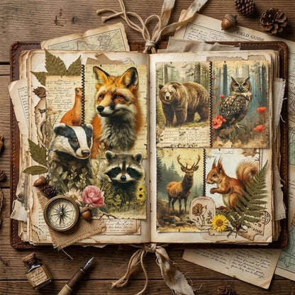 Vintagewoodlandanimalscrapbookpaperusedinahandmadejunkjournalfeaturingfoxes_raccoons_deer_squirrels_bearsandowlswithlayeredbotanicalcollagedesigns