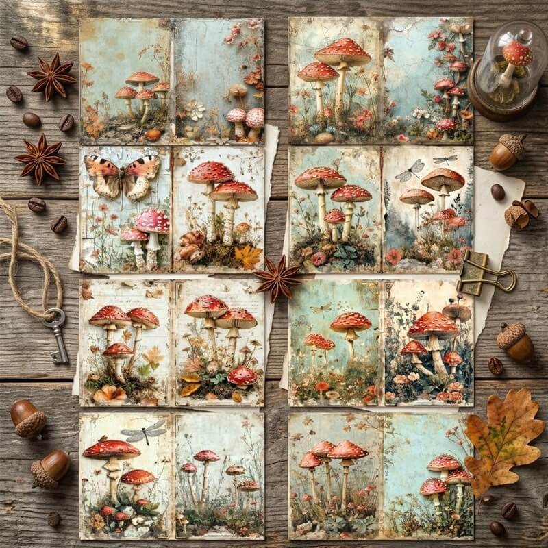 Vintagewoodlandmushroomscrapbookpaperfeaturingred-cappedmushrooms_wildflowers_butterflies_anddragonfliesonagedcreamandpalebluebackgrounds