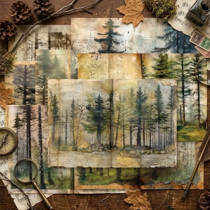 Vintagewoodlandscrapbookpapersheetsfeaturingevergreenforests_mistytrees_agedmanuscriptbackgroundsandnature-inspireddesignsforjunkjournaling_scrapbookingandcollagecra