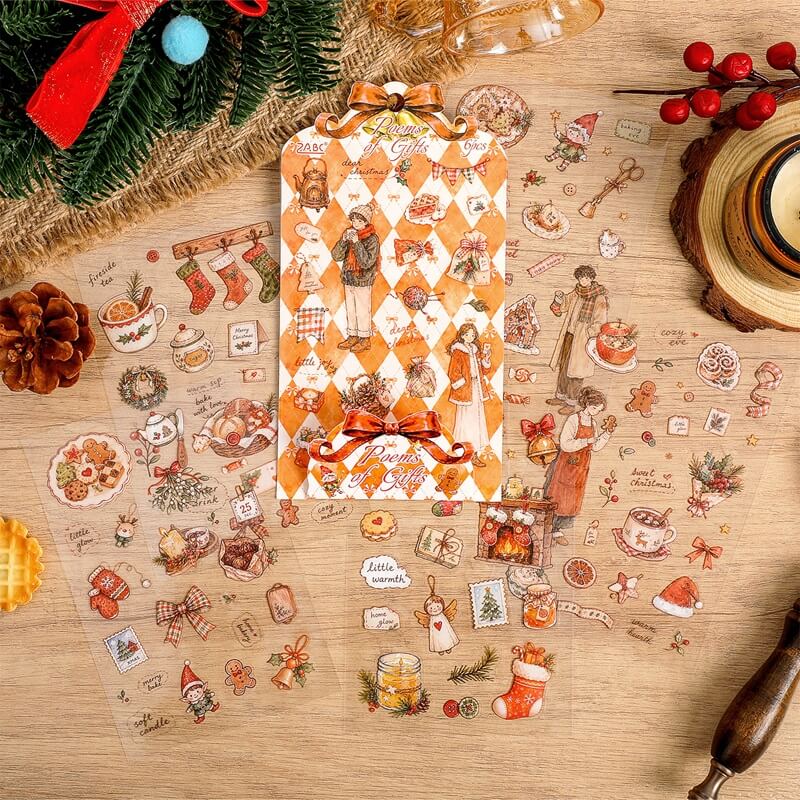 WarmredandbrownvintageChristmasPETstickersheetswithholidaydessertsanddecorations