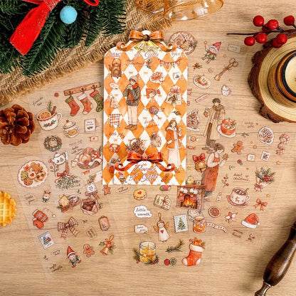 WarmredandbrownvintageChristmasPETstickersheetswithholidaydessertsanddecorations