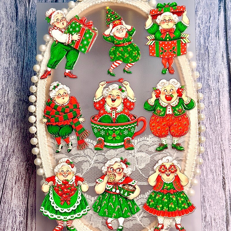 WhimsicalChristmasgrandma3Dembossedstickerswithgiftboxes_festivedresses_andaChristmasteacup