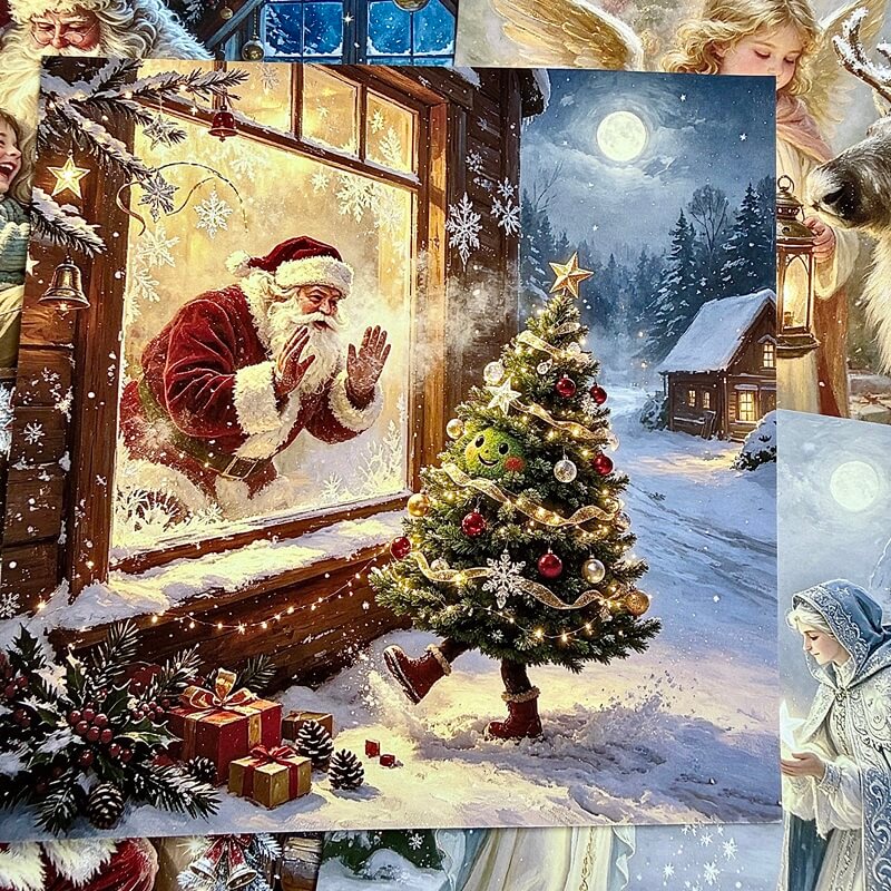 WhimsicalChristmasscrapbookpaperfeaturingSantawatchingawalkingChristmastreethroughasnowywindow