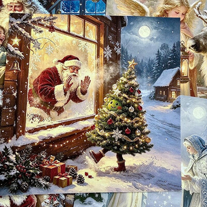 WhimsicalChristmasscrapbookpaperfeaturingSantawatchingawalkingChristmastreethroughasnowywindow