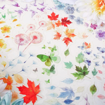 A close-up of a white fabric or paper surface printed with a scattered watercolor-style floral and botanical pattern, including red maple leaves, yellow and orange flowers, blue and purple blossoms, green leaves, and dandelion heads.