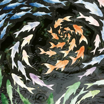 A square art print or decorative tile featuring a watercolor-style illustration of goldfish swimming in dark pond water with ripples and green aquatic plants.