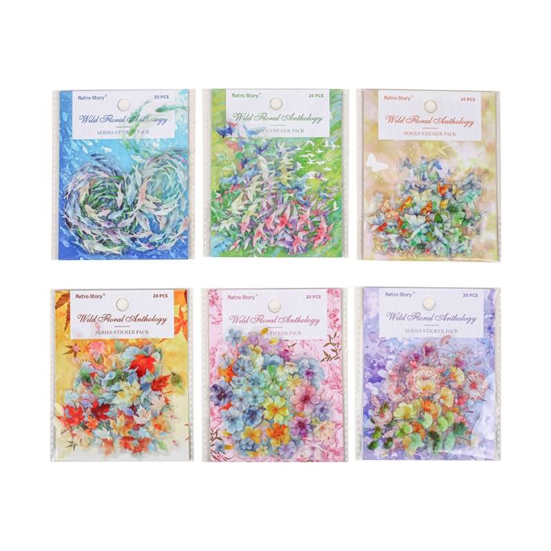 Six small packaged craft or stationery sets arranged in a 2x3 grid on a plain white background. Each package features a floral watercolor-style illustration and the visible brand name 'Nature's Story' on the label at the top.