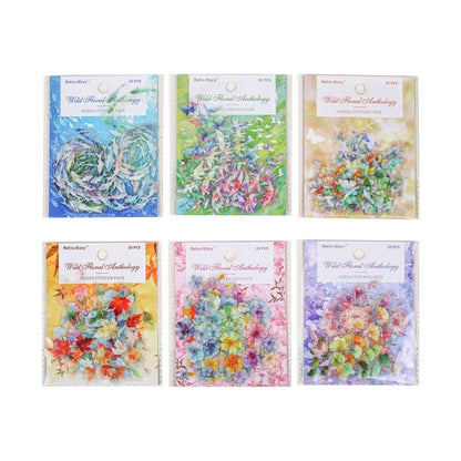 Six small packaged craft or stationery sets arranged in a 2x3 grid on a plain white background. Each package features a floral watercolor-style illustration and the visible brand name 'Nature's Story' on the label at the top.