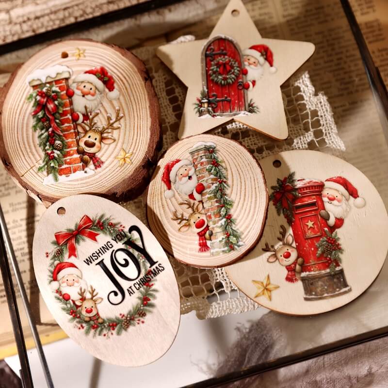 WoodenChristmasornamentsdecoratedwithSantaandreindeerUVtransferstickers_wreaths_andaredmailbox