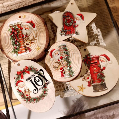 WoodenChristmasornamentsdecoratedwithSantaandreindeerUVtransferstickers_wreaths_andaredmailbox