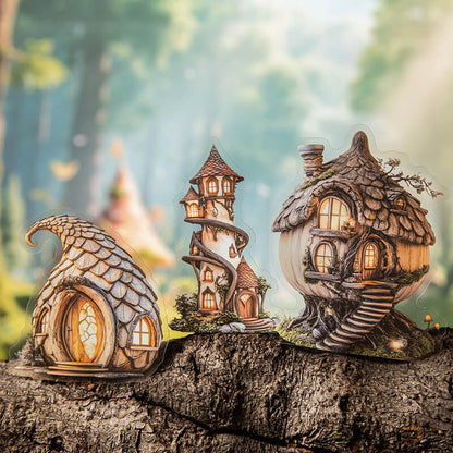 WoodlandfairyhousePETstickersfeaturingrusticcottagesandaspiraltowerdisplayedontreebark