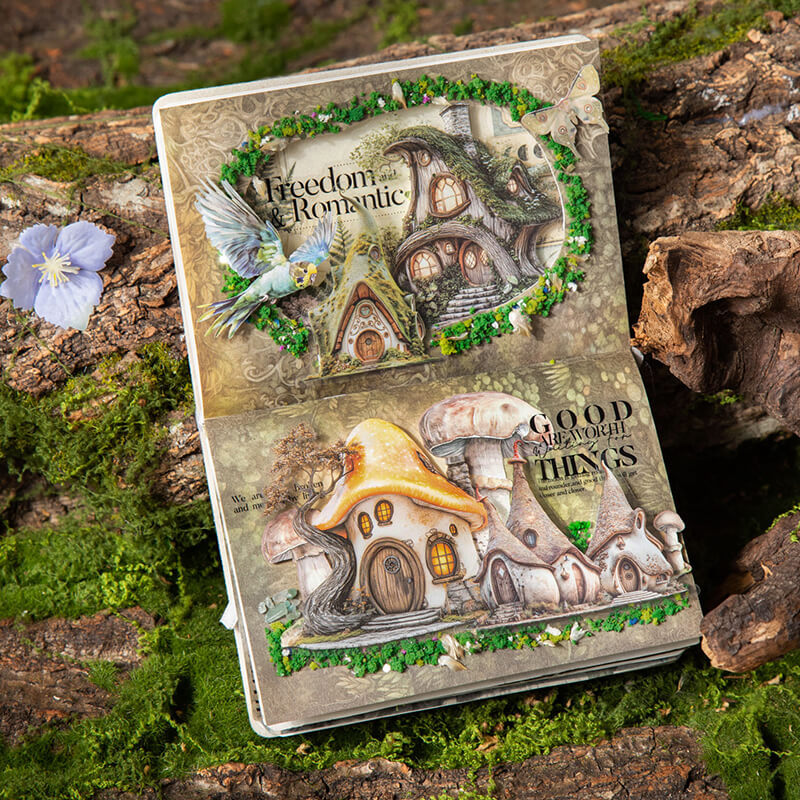 WoodlandjunkjournalspreaddecoratedwithfairyhousePETstickers_mushrooms_abirdandgreenfoliage