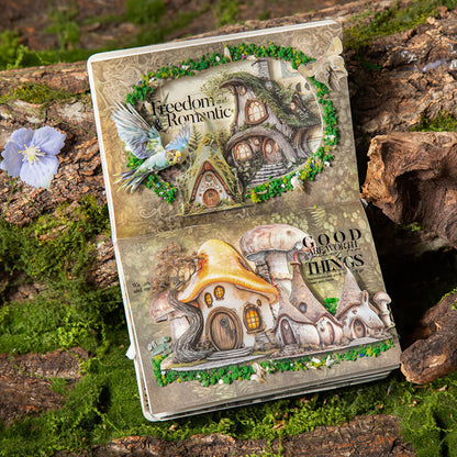 WoodlandjunkjournalspreaddecoratedwithfairyhousePETstickers_mushrooms_abirdandgreenfoliage